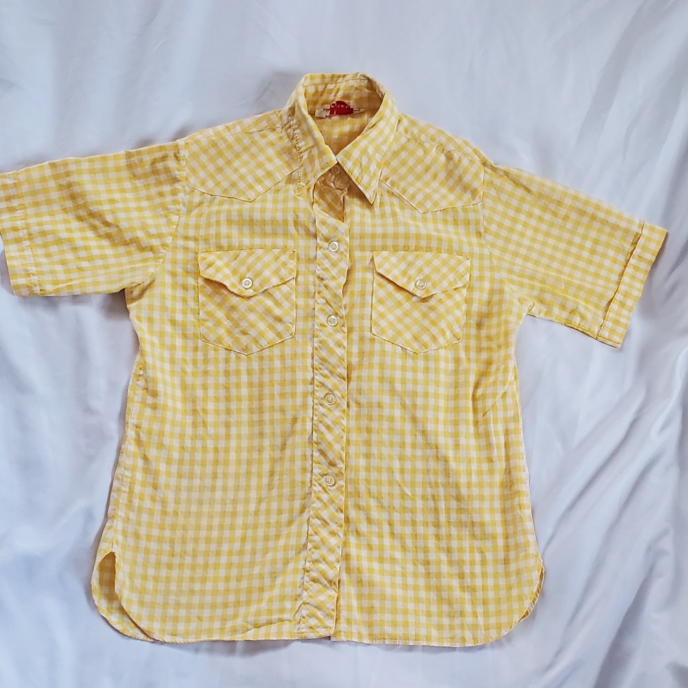 Jeanie By Blue Bell Vtg 1970s Yellow Gingham Checked Women's Button Shirt, Sz 14